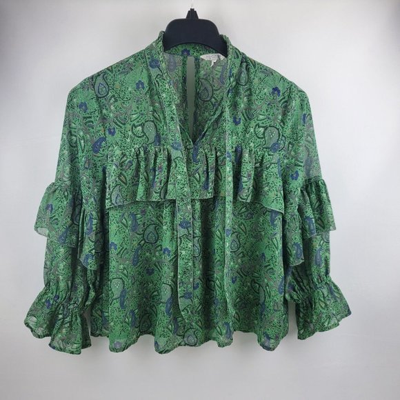 Lucky Brand Womens Peasant Tie Ruffle Sleeve Keyhole Blouse Green Paisley M - Picture 2 of 9